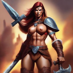 This is a digital art image of a female barbarian, inspired by the Dungeons and Dragons universe