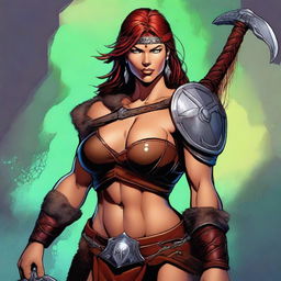 This is a digital art image of a female barbarian, inspired by the Dungeons and Dragons universe