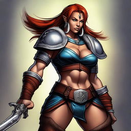 This is a digital art image of a female barbarian, inspired by the Dungeons and Dragons universe