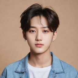 Create an artistic portrait of Jungwon from the Korean boy band ENHYPEN. He should appear youthful and energetic, with his distinct features captured in detail.