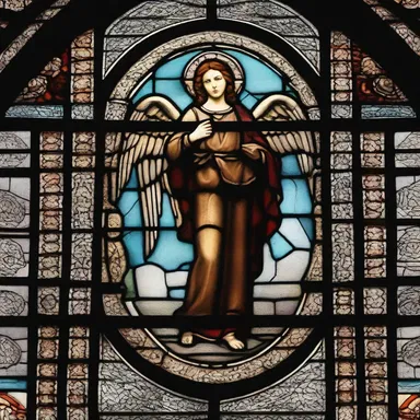 The intricate design on the stained glass windows of the church featured various symbols, including a depiction of an angel with delicate tepals on its wings.