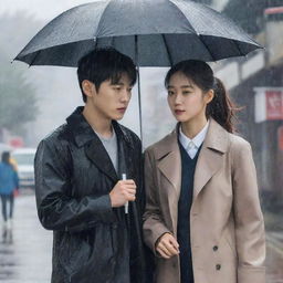 Create a dramatic poster for a high school Korean drama. The female lead is standing in the rain, while the male lead protects her with an umbrella. The second male lead watches this scene from a distance, also holding an umbrella.