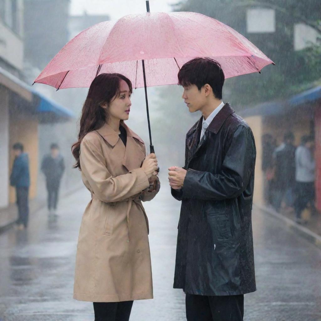 Create a dramatic poster for a high school Korean drama. The female lead is standing in the rain, while the male lead protects her with an umbrella. The second male lead watches this scene from a distance, also holding an umbrella.