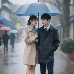 Create a dramatic poster for a high school Korean drama. The female lead is standing in the rain, while the male lead protects her with an umbrella. The second male lead watches this scene from a distance, also holding an umbrella.