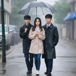 Create a dramatic poster for a high school Korean drama. The female lead is standing in the rain, while the male lead protects her with an umbrella. The second male lead watches this scene from a distance, also holding an umbrella.