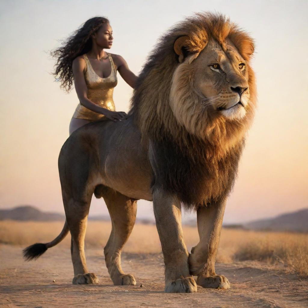 A majestic lion backlit by sunrise, its mane shimmering gold, stands firm with a young black woman astride its back. She sports a sleek, form-fitting black wrap that matches her elegance and strength.