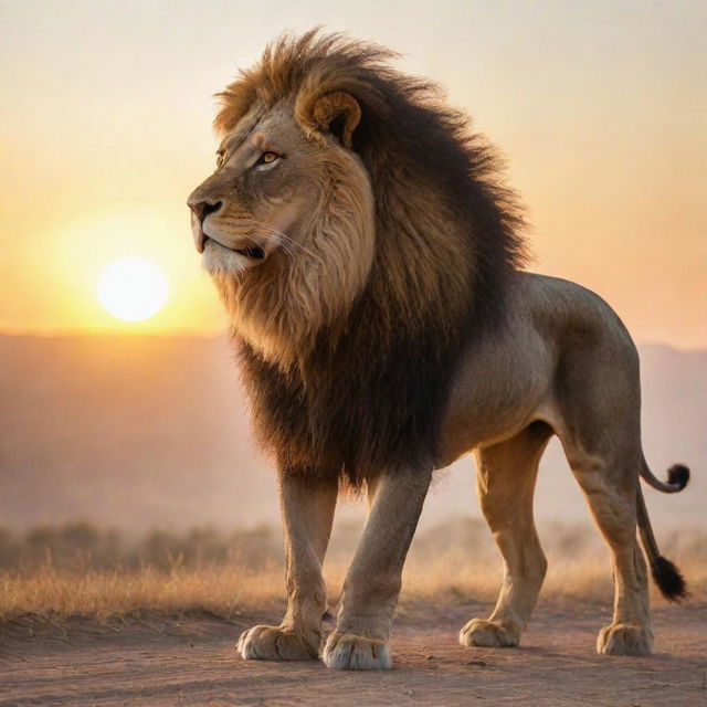 A majestic lion backlit by sunrise, its mane shimmering gold, stands firm with a young black woman astride its back. She sports a sleek, form-fitting black wrap that matches her elegance and strength.