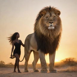 A majestic lion backlit by sunrise, its mane shimmering gold, stands firm with a young black woman astride its back. She sports a sleek, form-fitting black wrap that matches her elegance and strength.