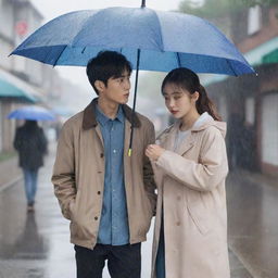 Generate a Korean drama poster with a high school theme. The female lead is standing in the rain while the male lead offers her an umbrella. The second male lead is in the background, umbrella in hand, quietly observing them.