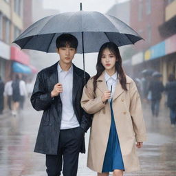 Generate a Korean drama poster with a high school theme. The female lead is standing in the rain while the male lead offers her an umbrella. The second male lead is in the background, umbrella in hand, quietly observing them.