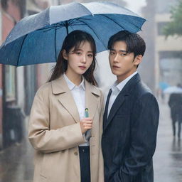 Generate a Korean drama poster with a high school theme. The female lead is standing in the rain while the male lead offers her an umbrella. The second male lead is in the background, umbrella in hand, quietly observing them.