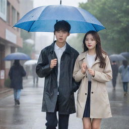 Generate a Korean drama poster with a high school theme. The female lead is standing in the rain while the male lead offers her an umbrella. The second male lead is in the background, umbrella in hand, quietly observing them.