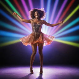 Generate an image of a girl passionately dancing on a stage, illuminated by vibrant lights.