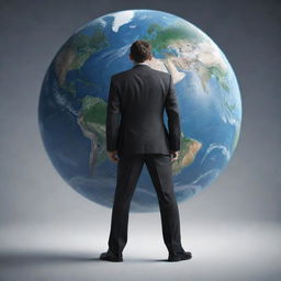 Generate an animated image of a determined man standing with his back against the viewer, facing towards a vast globe, symbolizing he stands opposite to the world.