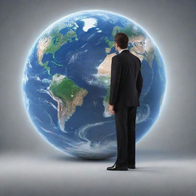 Generate an animated image of a determined man standing with his back against the viewer, facing towards a vast globe, symbolizing he stands opposite to the world.