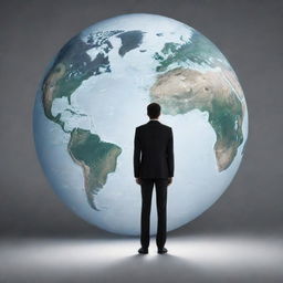 Generate an animated image of a determined man standing with his back against the viewer, facing towards a vast globe, symbolizing he stands opposite to the world.