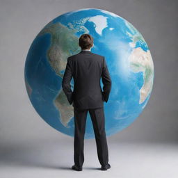 Generate an animated image of a determined man standing with his back against the viewer, facing towards a vast globe, symbolizing he stands opposite to the world.