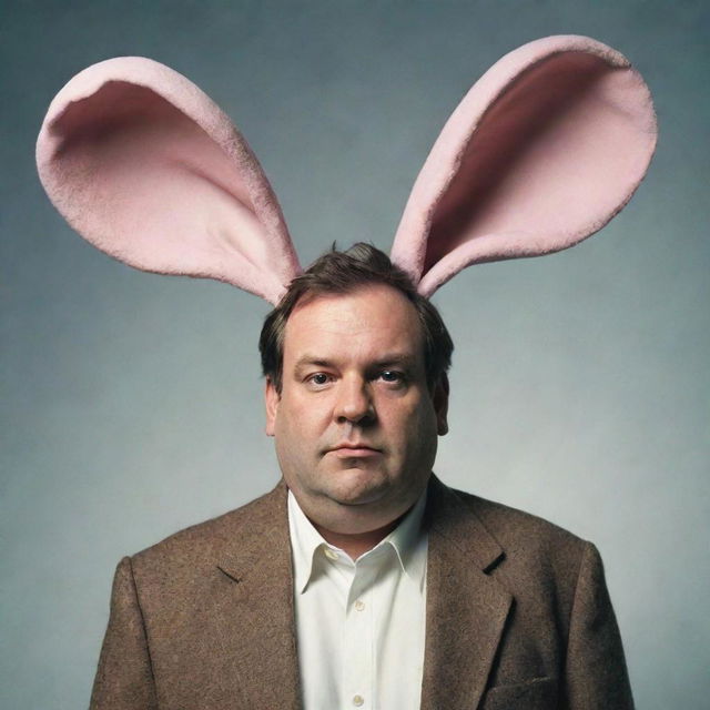 A surreal image of a large man sporting big, floppy, rabbit-like ears in lieu of normal human ears.