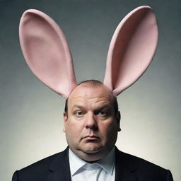 A surreal image of a large man sporting big, floppy, rabbit-like ears in lieu of normal human ears.