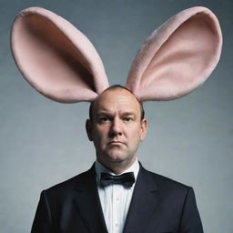 A surreal image of a large man sporting big, floppy, rabbit-like ears in lieu of normal human ears.