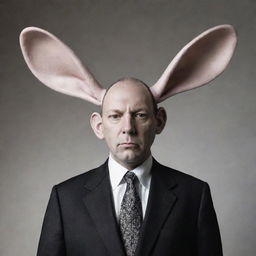 A surreal image of a large man sporting big, floppy, rabbit-like ears in lieu of normal human ears.