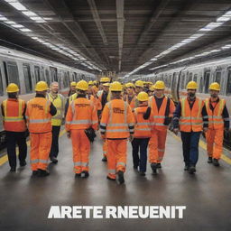 A bold and informative safety poster showing workers at a busy Metro depot, following safety protocols meticulously. Include a catchy, inspirational safety slogan that advocates for accident prevention and promotes a culture of safety.