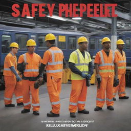 A bold and informative safety poster showing workers at a busy Metro depot, following safety protocols meticulously. Include a catchy, inspirational safety slogan that advocates for accident prevention and promotes a culture of safety.