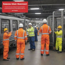 A bold and informative safety poster showing workers at a busy Metro depot, following safety protocols meticulously. Include a catchy, inspirational safety slogan that advocates for accident prevention and promotes a culture of safety.