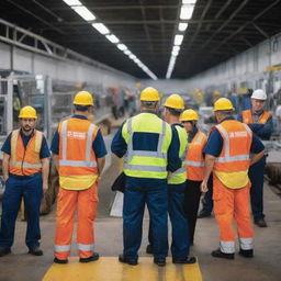 A bold and informative safety poster showing workers at a busy Metro depot, following safety protocols meticulously. Include a catchy, inspirational safety slogan that advocates for accident prevention and promotes a culture of safety.