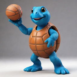 A charming blue turtle enthusiastically playing basketball, wearing a uniform and dribbling a ball with skill.