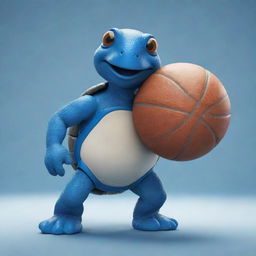 A charming blue turtle enthusiastically playing basketball, wearing a uniform and dribbling a ball with skill.