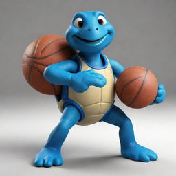 A charming blue turtle enthusiastically playing basketball, wearing a uniform and dribbling a ball with skill.