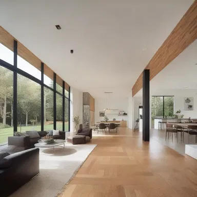 The open floor plan of the modern house allows for easy locomotion between rooms.