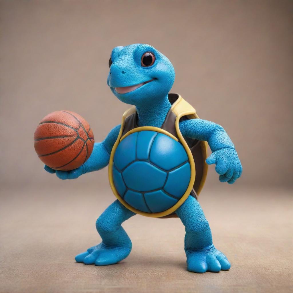 A charming blue turtle enthusiastically playing basketball, wearing a uniform and dribbling a ball with skill.