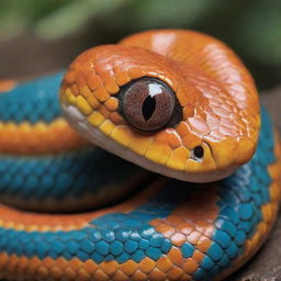A sweet and cute snake with big endearing eyes and colourful, smooth scales, exhibiting a friendly demeanor.