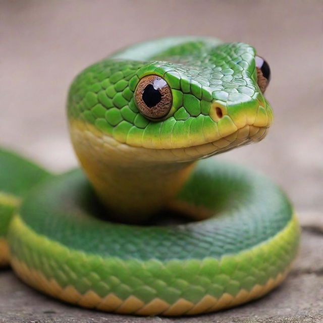 A sweet and cute snake with big endearing eyes and colourful, smooth scales, exhibiting a friendly demeanor.