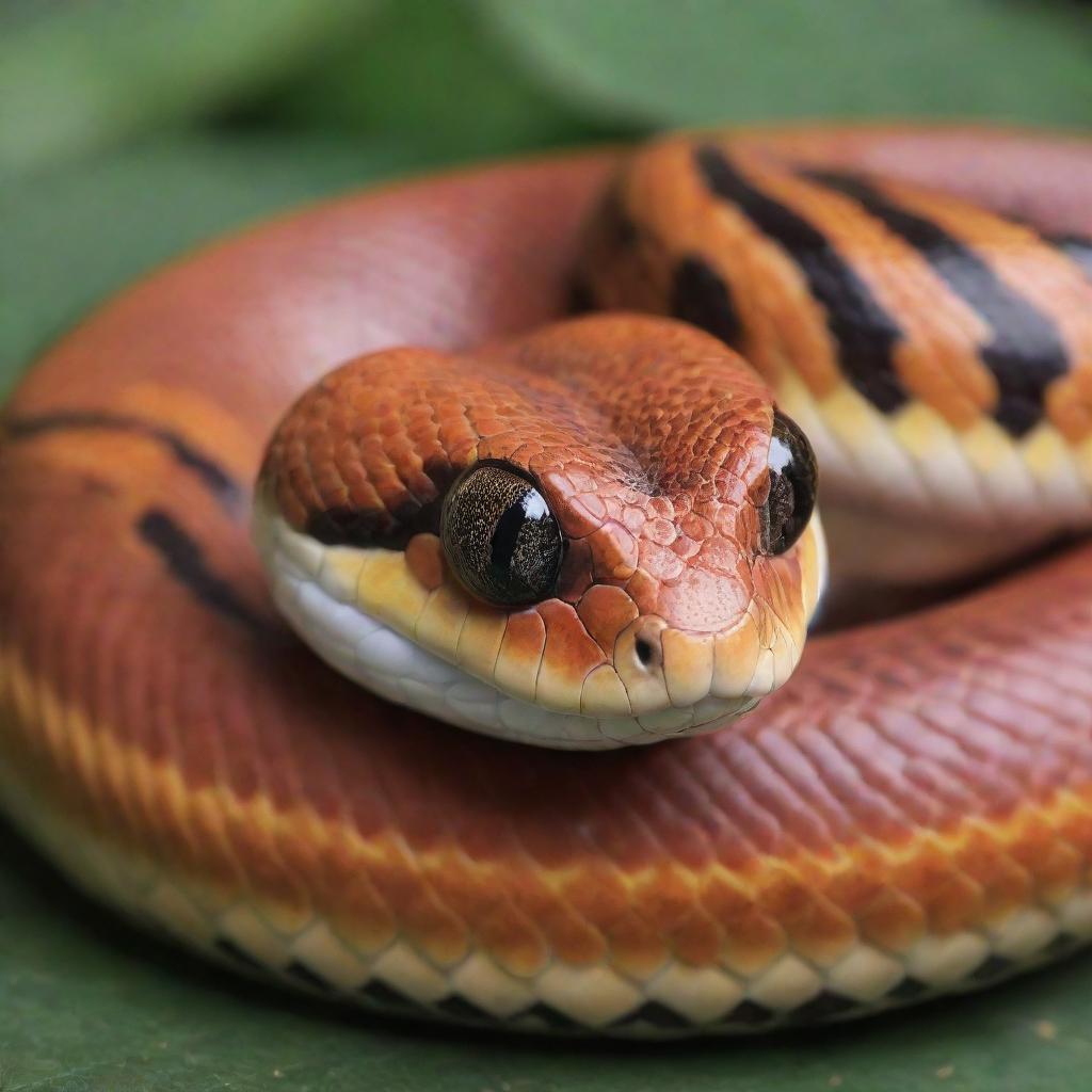 A sweet and cute snake with big endearing eyes and colourful, smooth scales, exhibiting a friendly demeanor.