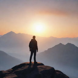 Create an animated image of a character, seen from the back, standing at the peak of a mountain with a background filled with the glow of a rising sun.