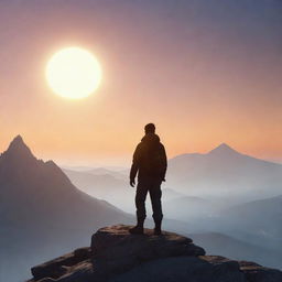 Create an animated image of a character, seen from the back, standing at the peak of a mountain with a background filled with the glow of a rising sun.