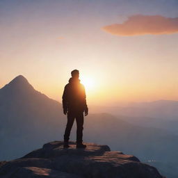 Create an animated image of a character, seen from the back, standing at the peak of a mountain with a background filled with the glow of a rising sun.