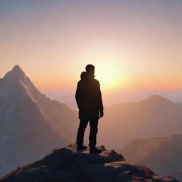 Create an animated image of a character, seen from the back, standing at the peak of a mountain with a background filled with the glow of a rising sun.