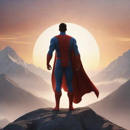 Create an animated image of a superhero character, seen from the back, standing confidently at the peak of a mountain with a stunning background of a rising sun.