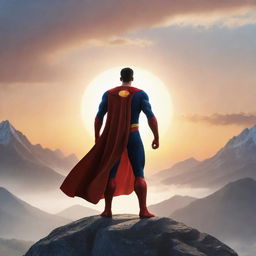 Create an animated image of a superhero character, seen from the back, standing confidently at the peak of a mountain with a stunning background of a rising sun.