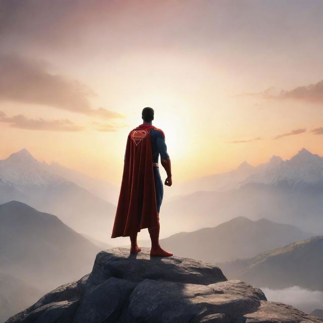 Create an animated image of a superhero character, seen from the back, standing confidently at the peak of a mountain with a stunning background of a rising sun.