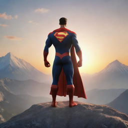 Create an animated image of a superhero character, seen from the back, standing confidently at the peak of a mountain with a stunning background of a rising sun.