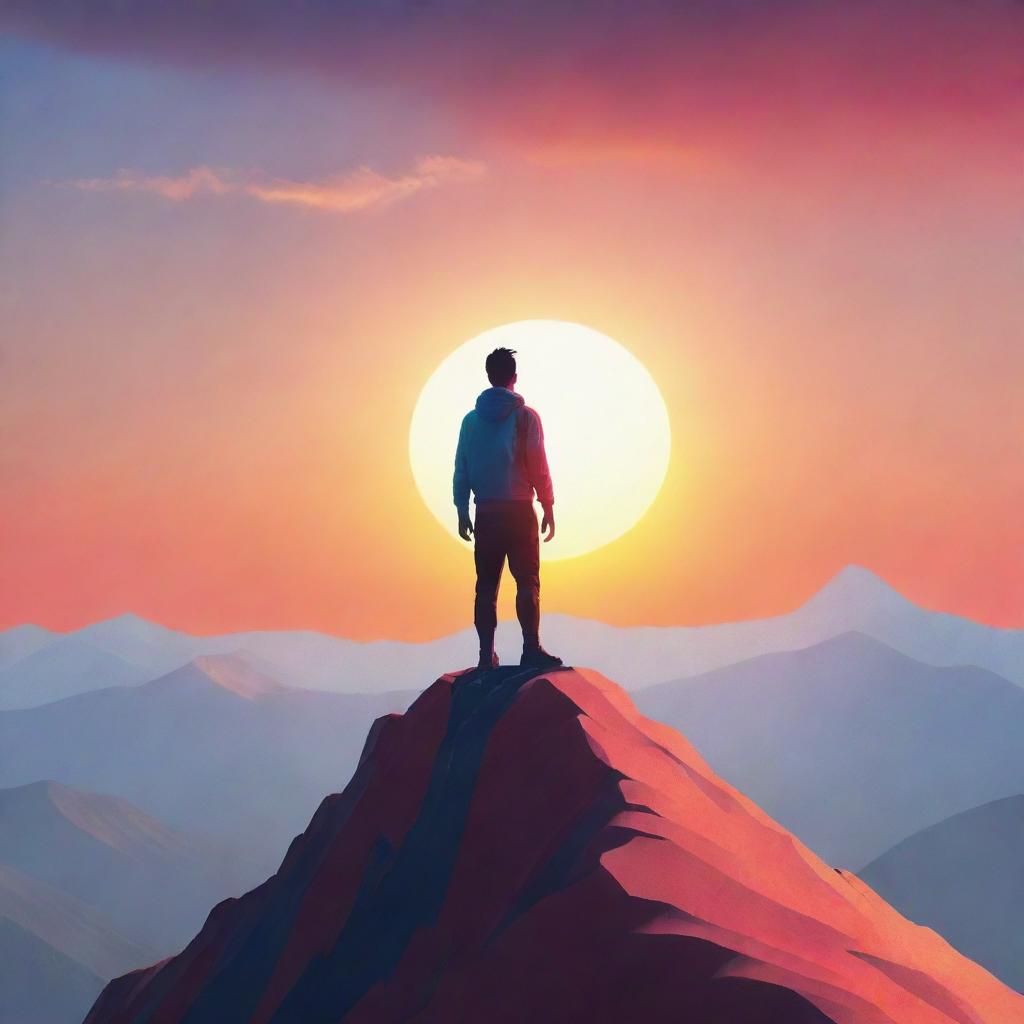 Create an animated image of an inspiring character viewed from behind, standing triumphantly atop a mountain peak, with the background bursting with the vibrant colors of a rising sun, embodying motivation and perseverance.