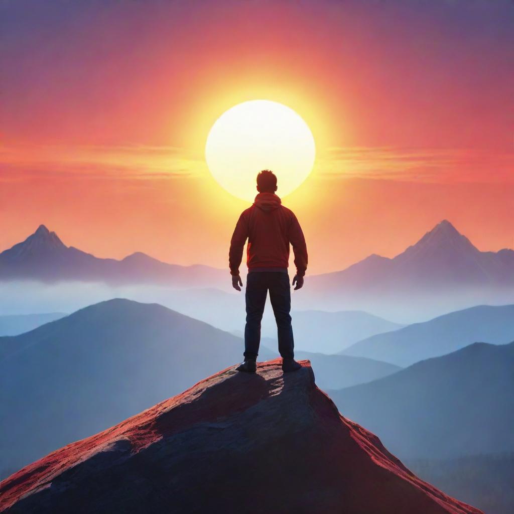 Create an animated image of an inspiring character viewed from behind, standing triumphantly atop a mountain peak, with the background bursting with the vibrant colors of a rising sun, embodying motivation and perseverance.