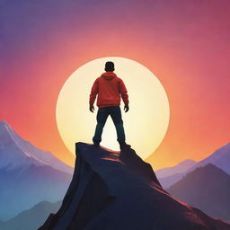 Create an animated image of an inspiring character viewed from behind, standing triumphantly atop a mountain peak, with the background bursting with the vibrant colors of a rising sun, embodying motivation and perseverance.