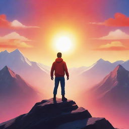 Create an animated image of an inspiring character viewed from behind, standing triumphantly atop a mountain peak, with the background bursting with the vibrant colors of a rising sun, embodying motivation and perseverance.