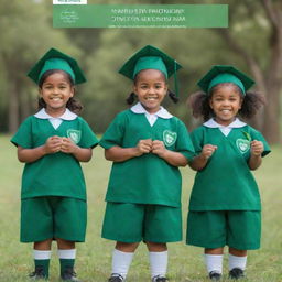 Create a 1:2 ratio poster dedicated to Early Childhood Education Day. The poster illustrates the theme 'Nurturing the Good Heart through Celebrating Togetherness in a Fun-filled Experience.' It showcases children wearing green uniforms, joyfully interacting and having fun.